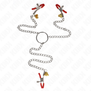 kink---pinzas-para-pezones-y-clÍtoris-rojas-con-cascabel-dorado-y-cadena-30-cm-0