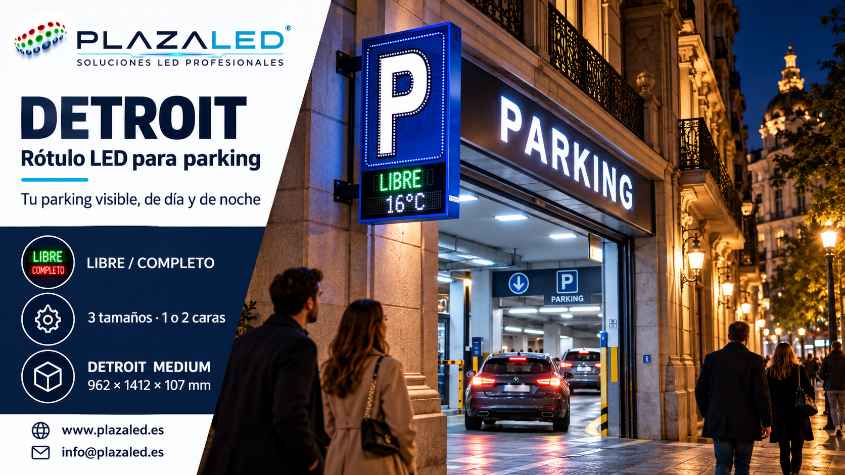 Rótulo Detroit iluminando un parking urbano