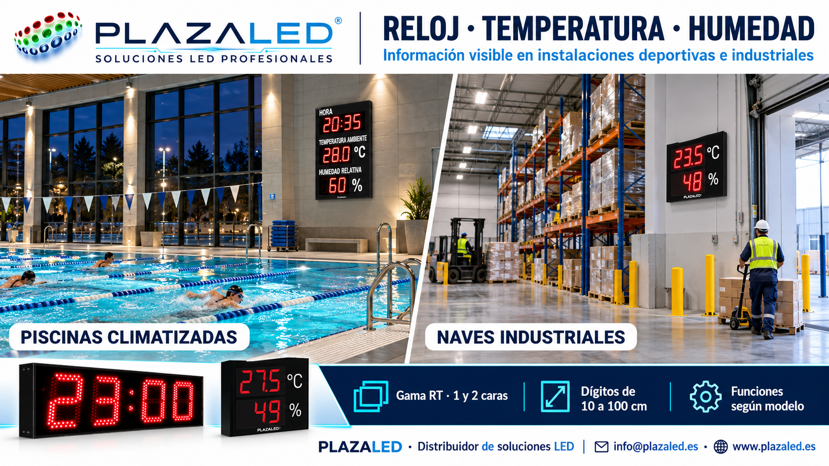 Rótulo LED reloj, temperatura y humedad